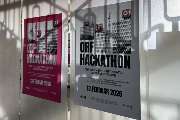 Plakat des ORF Hackathon 2026 – Eine partizipative Reforminitiative zur Zukunft des öffentlich-rechtlichen Rundfunks
